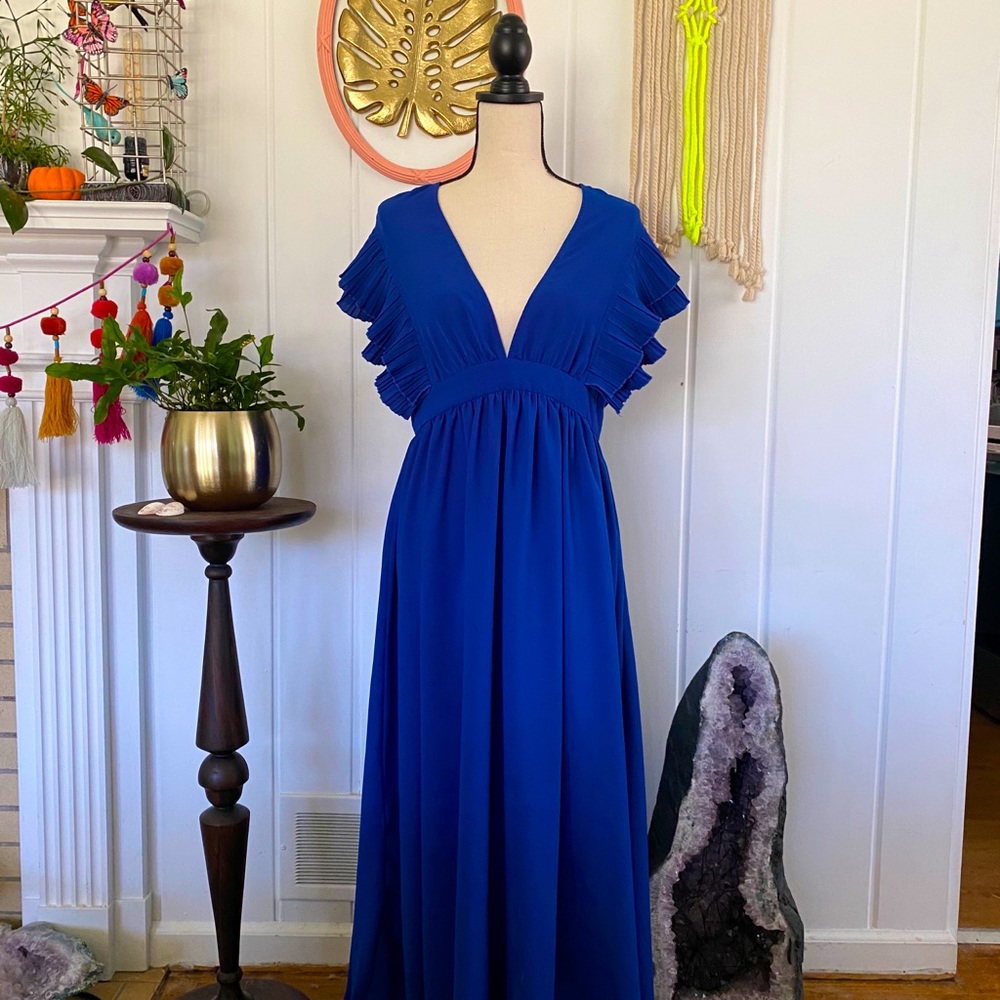 Shein blue ruffle plunge empire maxi formal dress